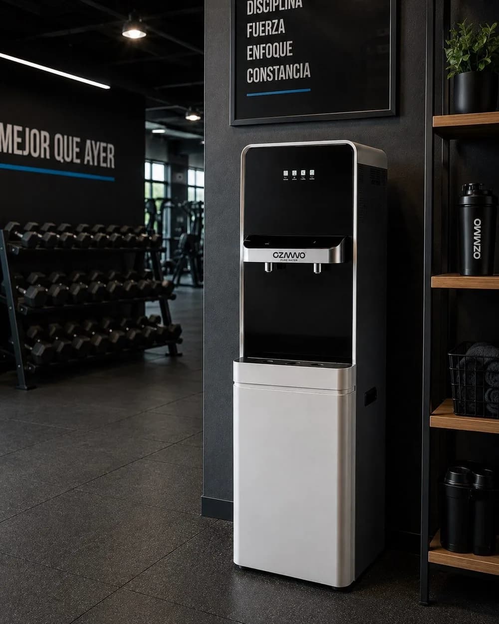 Dispensador Ozmmo en un gimnasio